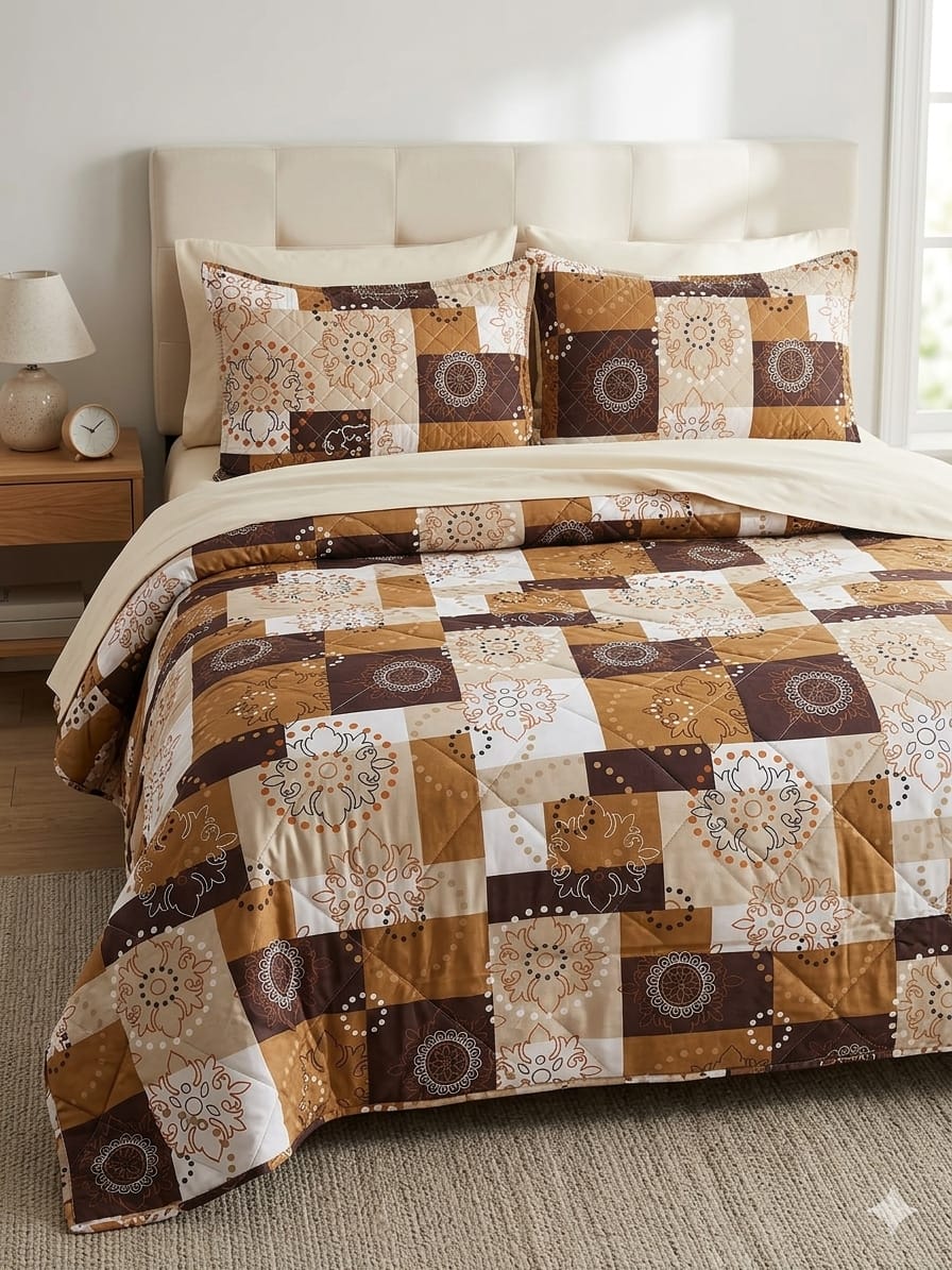 Brown & Gold Patchwork Medallion Quilted Bedsheet Set