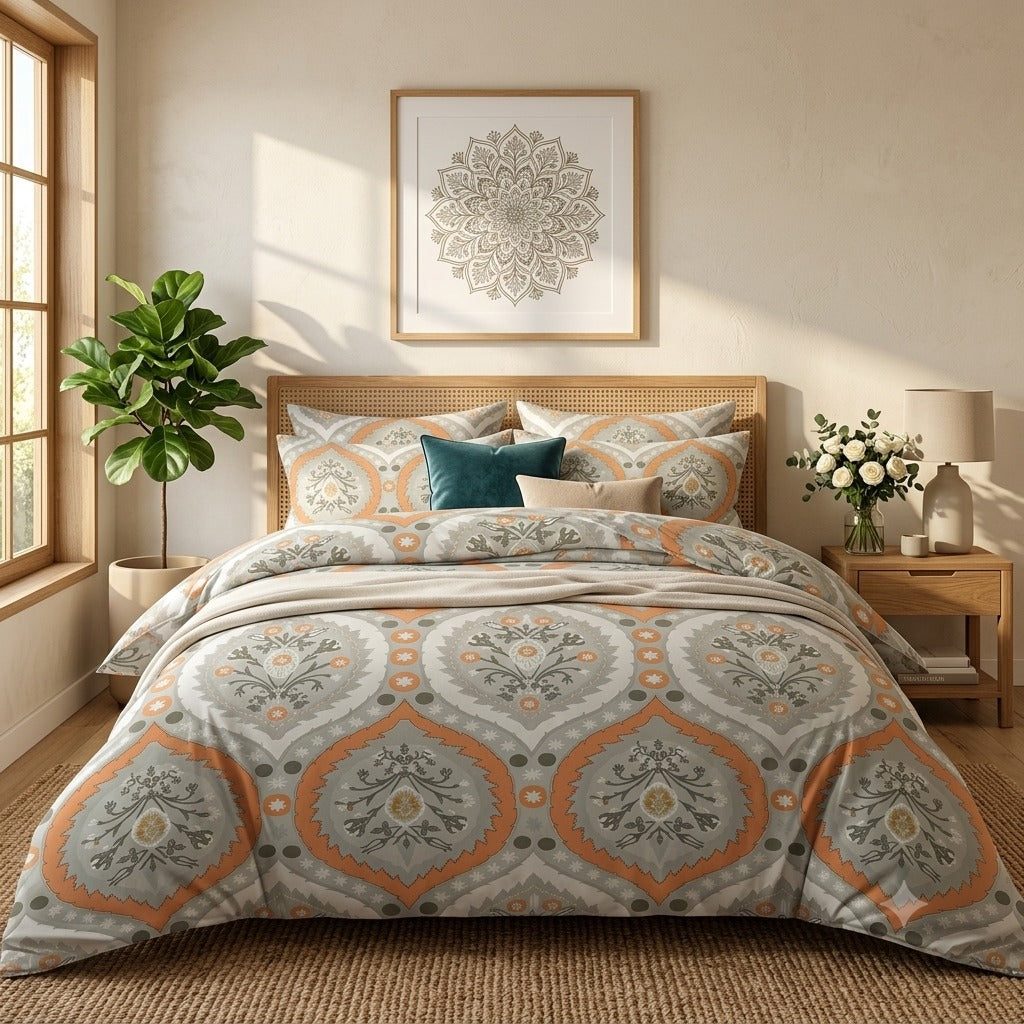 Maharaja King Ikat Medallion Bedsheet – Grey Orange Ethnic Seamless 108x108" | No-Joint Cotton Feel Bedding