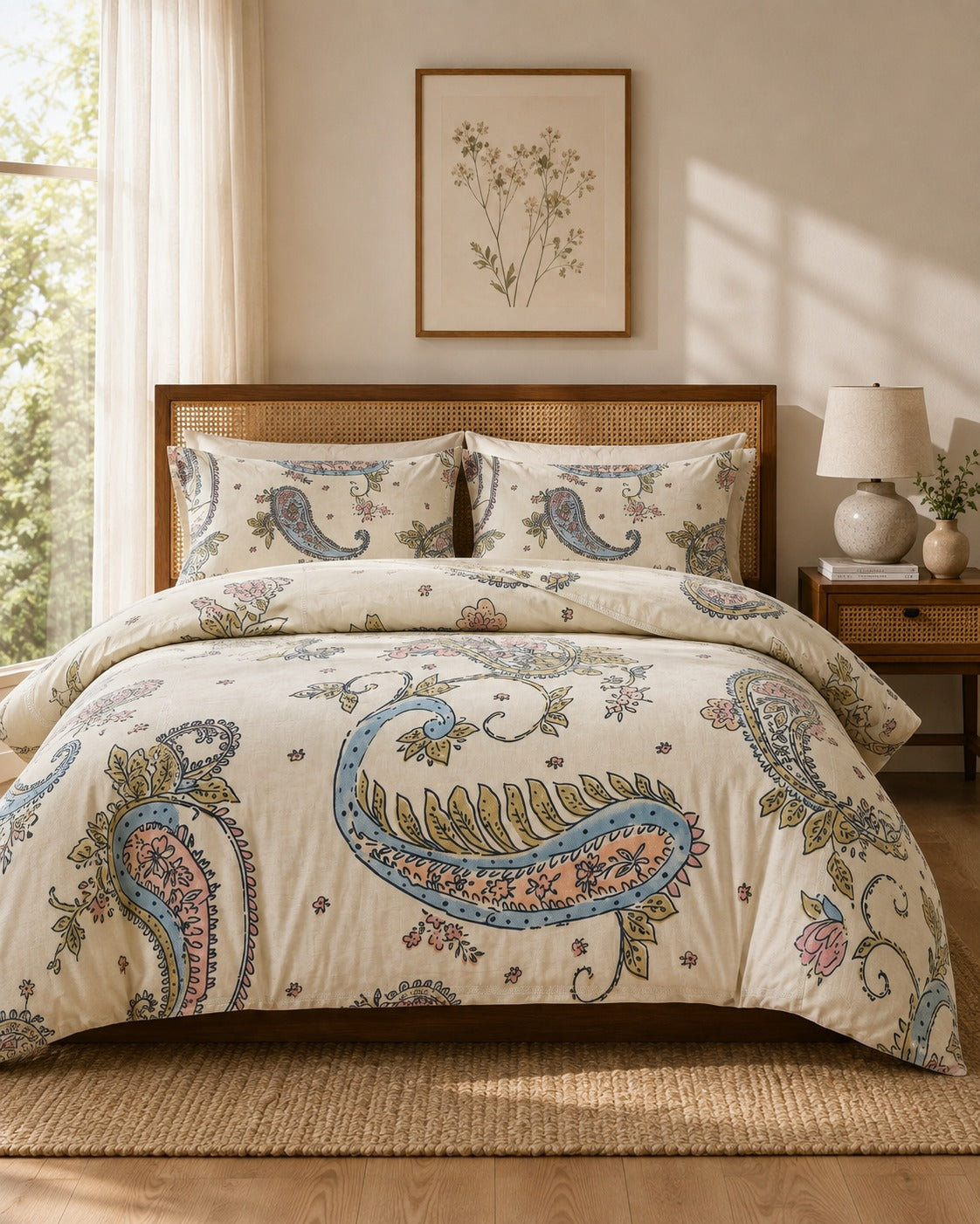 Maharaja King Vintage Paisley Bedsheet – Cream Blue Floral Paisley Seamless 108x108" | No-Joint Cotton Feel Bedding