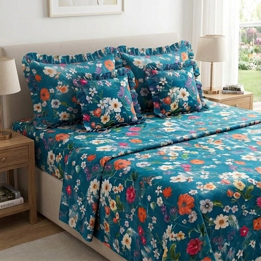 Green Floral- Venice Frill King Size 5 Pc Bedding Set