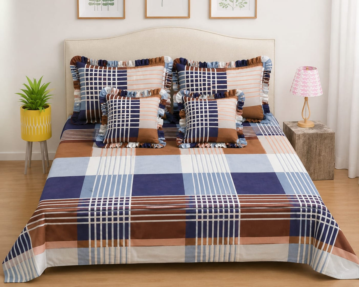 Brown check - Venice Frill King Size 5 Pc Bedding Set