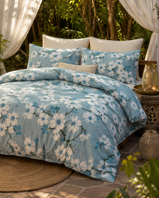 Blue Floral King Bedsheet Set (108x108) with 2 Matching & 2 Coordinate Pillow Covers