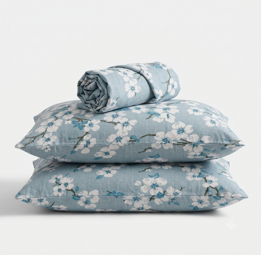 Maharaja King Cherry Blossom Bedsheet – Sky Blue Floral Seamless 108x108" | No-Joint Cotton Feel Bedding