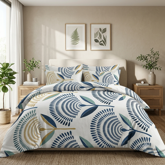 Maharaja King Retro Fern Burst Bedsheet – White Navy Gold Botanical Seamless 108x108" | No-Joint Cotton Feel Bedding