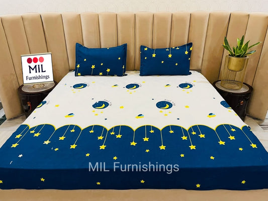 Good Night Moon & Stars Navy Blue Bedsheet – Elastic Fitted King Size Kids Cotton Bedsheet with 2 Pillow Covers