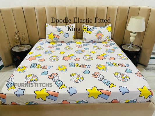 Shooting Star Dreams White Bedsheet – Elastic Fitted King Size Kids Cotton Bedsheet with 2 Pillow Covers