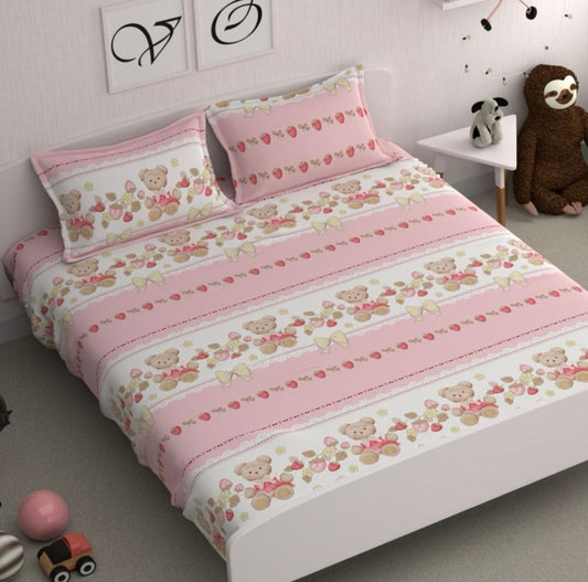 Strawberry Teddy Bear Bows Pink Bedsheet – Elastic Fitted King Size Kids Cotton Bedsheet with 2 Pillow Covers