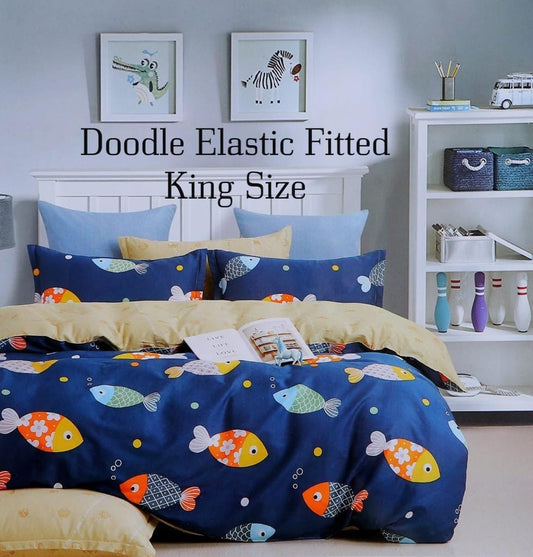 Blue Fish Ocean Kids Bedding Set – Elastic Fitted King Size Cotton Bedsheet with 2 Pillow Covers