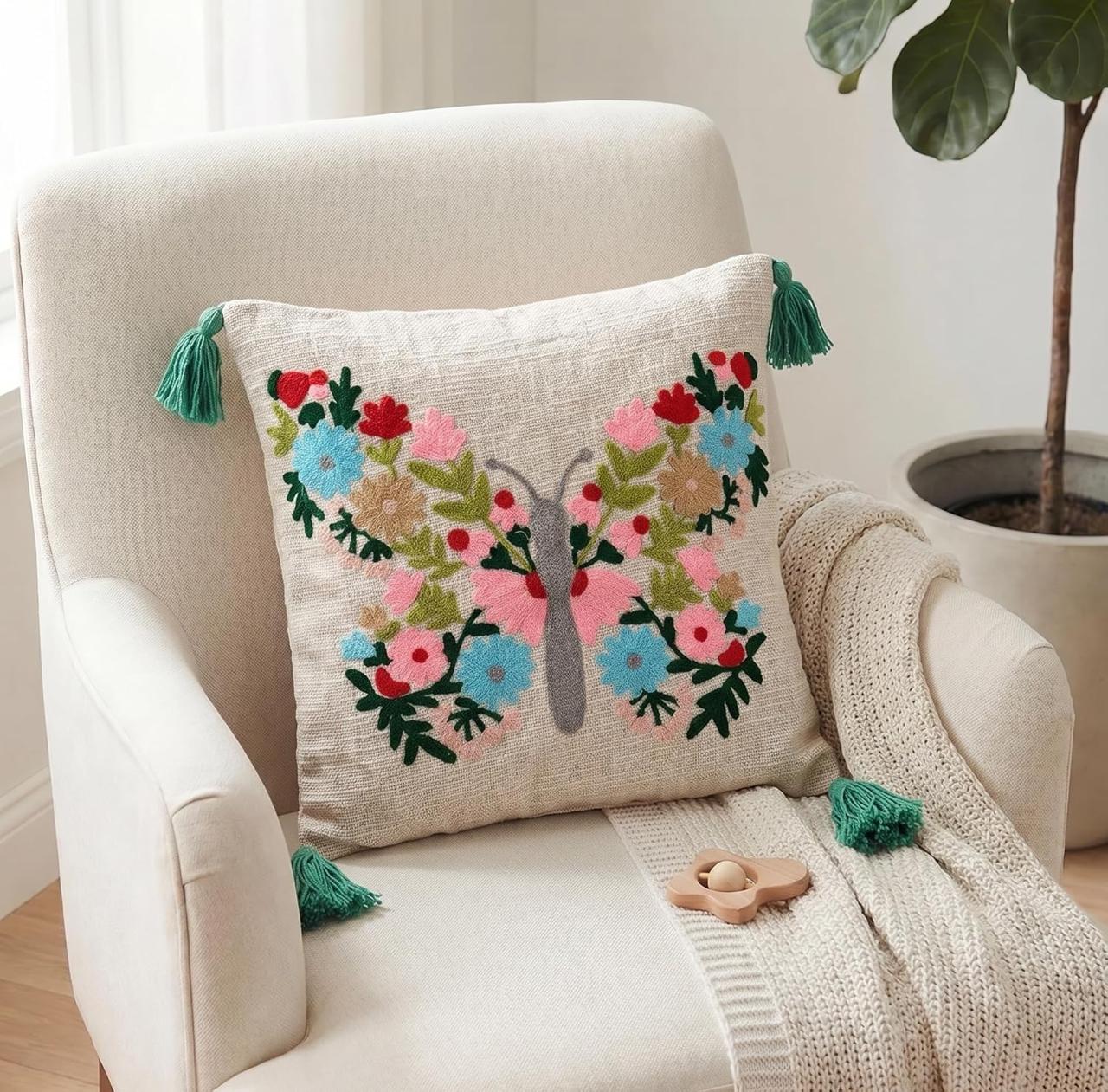 Rainbow Floral Butterfly Hand Embroidered Cushion Cover – 16x16 Cotton
