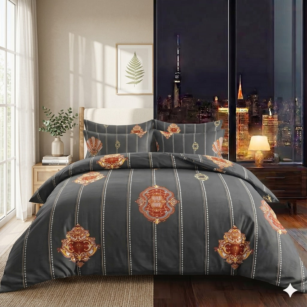 Maharaja King Regal Medallion Bedsheet – Charcoal Rust Striped Print 108x108" | No-Joint Cotton Feel Bedding