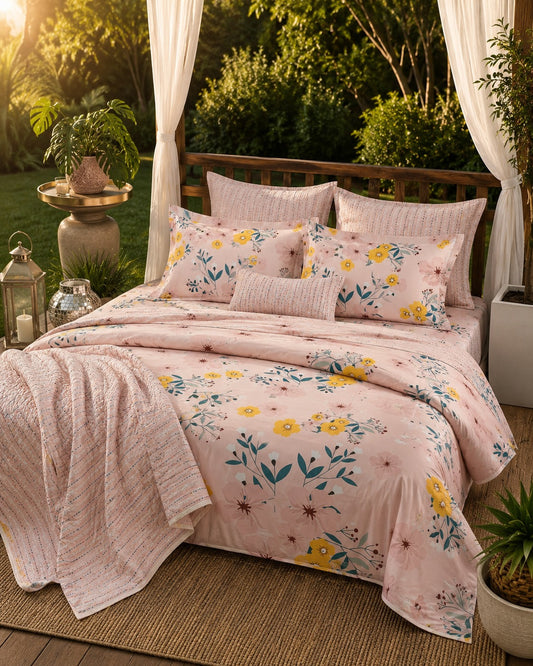 Maharaja King Blush Wildflower Bedsheet – Pink Yellow Floral Seamless 108x108" | No-Joint Cotton Feel Bedding