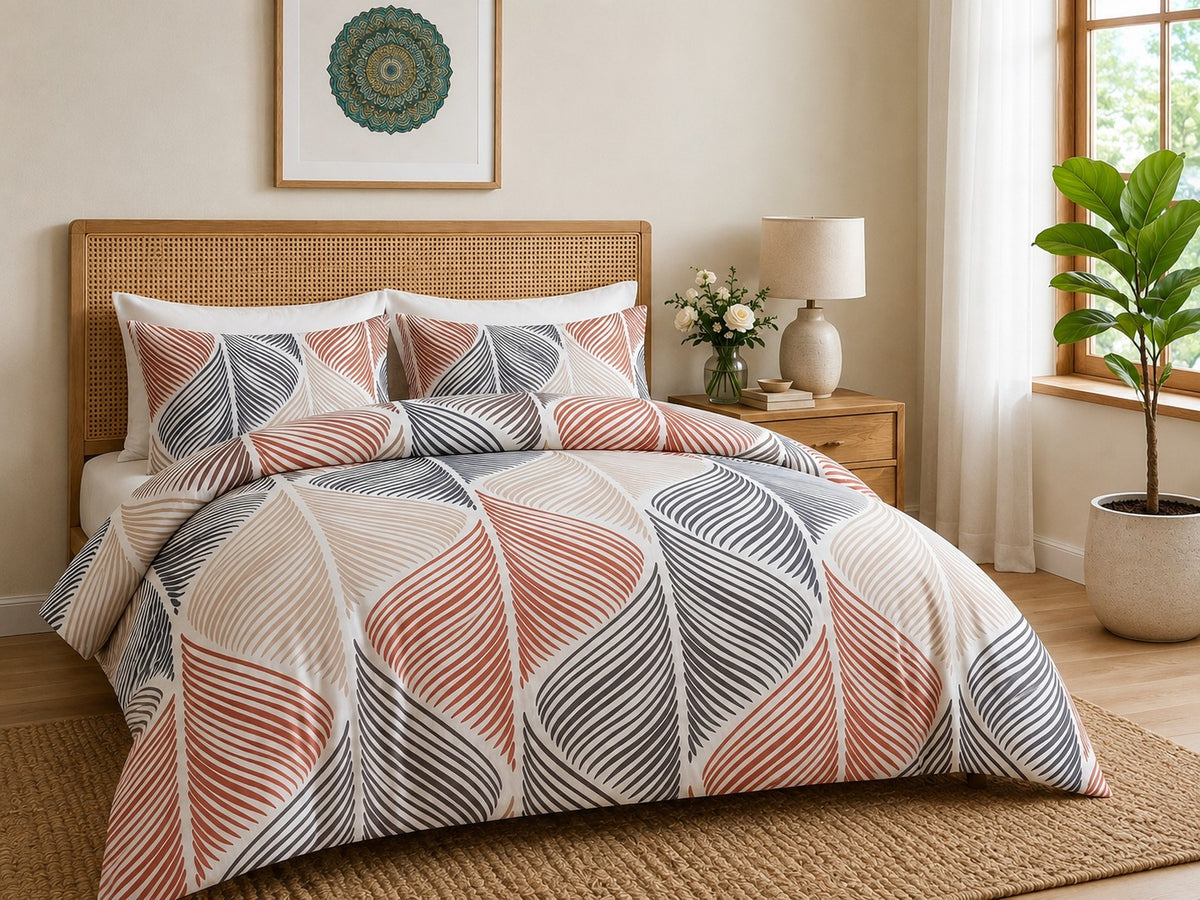 Maharaja King Modern Leaf Chevron Bedsheet – Rust Navy Geometric Seamless 108x108" | No-Joint Cotton Feel Bedding