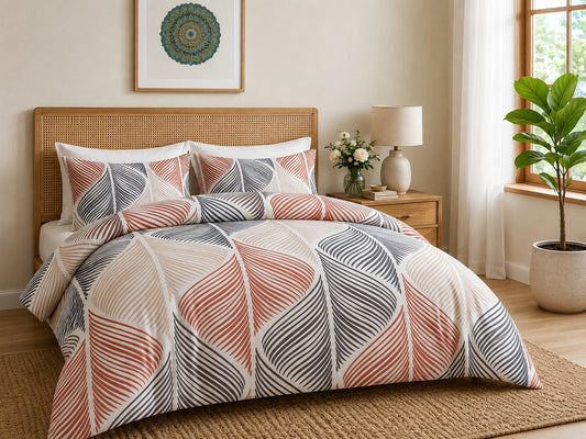 Maharaja King Modern Leaf Chevron Bedsheet – Rust Navy Geometric Seamless 108x108" | No-Joint Cotton Feel Bedding