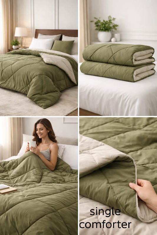 VIBRANT Microfiber Reversible Quilt – Olive Green & Cream Double Bed Comforter | Lightweight AC Quilt