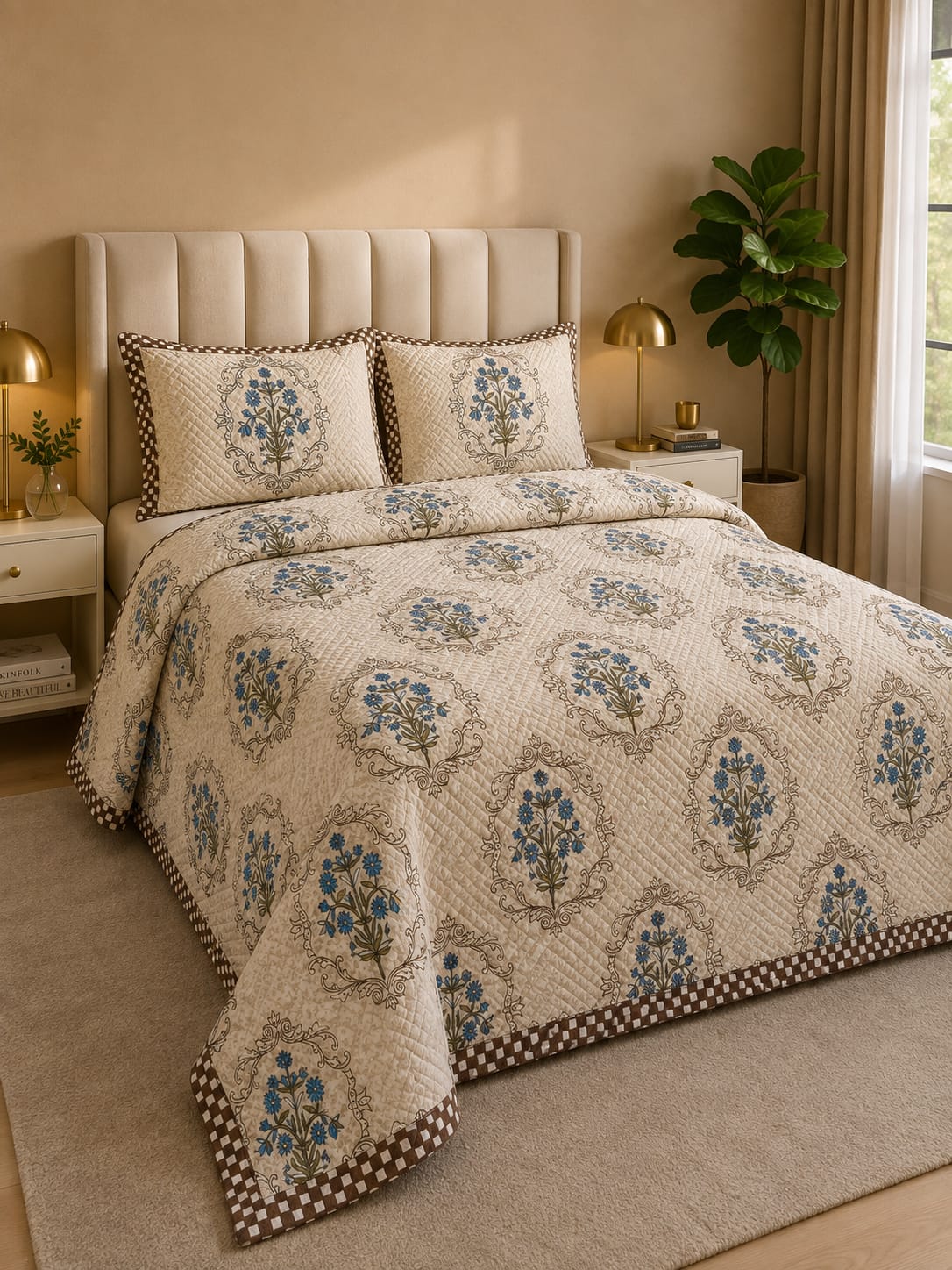 Blue Floral Cream - ROCKSTAR CONTRAST BEDCOVER SET 👑