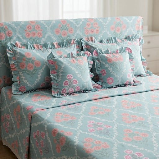 Blue - Venice Frill King Size 5 Pc Bedding Set