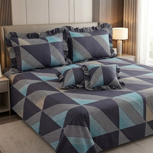 Blue check - Venice Frill King Size 5 Pc Bedding Set