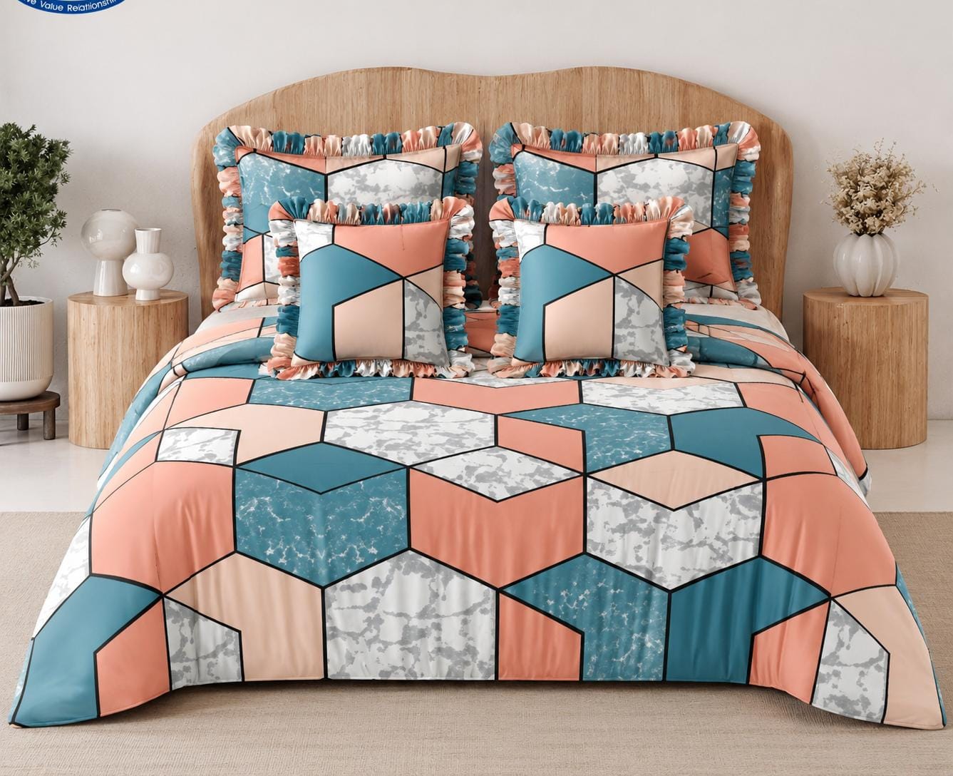Blue & orange - Venice Frill King Size 5 Pc Bedding Set