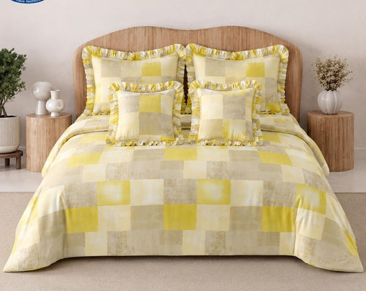 Venice Frills King Yellow Beige Checkered Bedsheet Set – Minimalist Ruffled Bedding | 5 Pc Cotton King Size Set