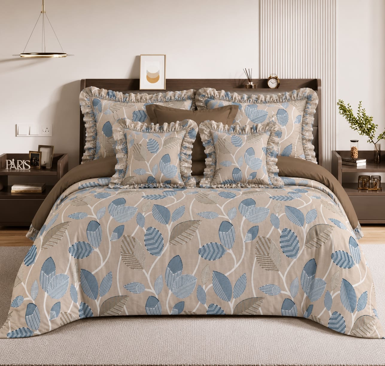 Brown- Venice Frill King Size 5 Pc Bedding Set