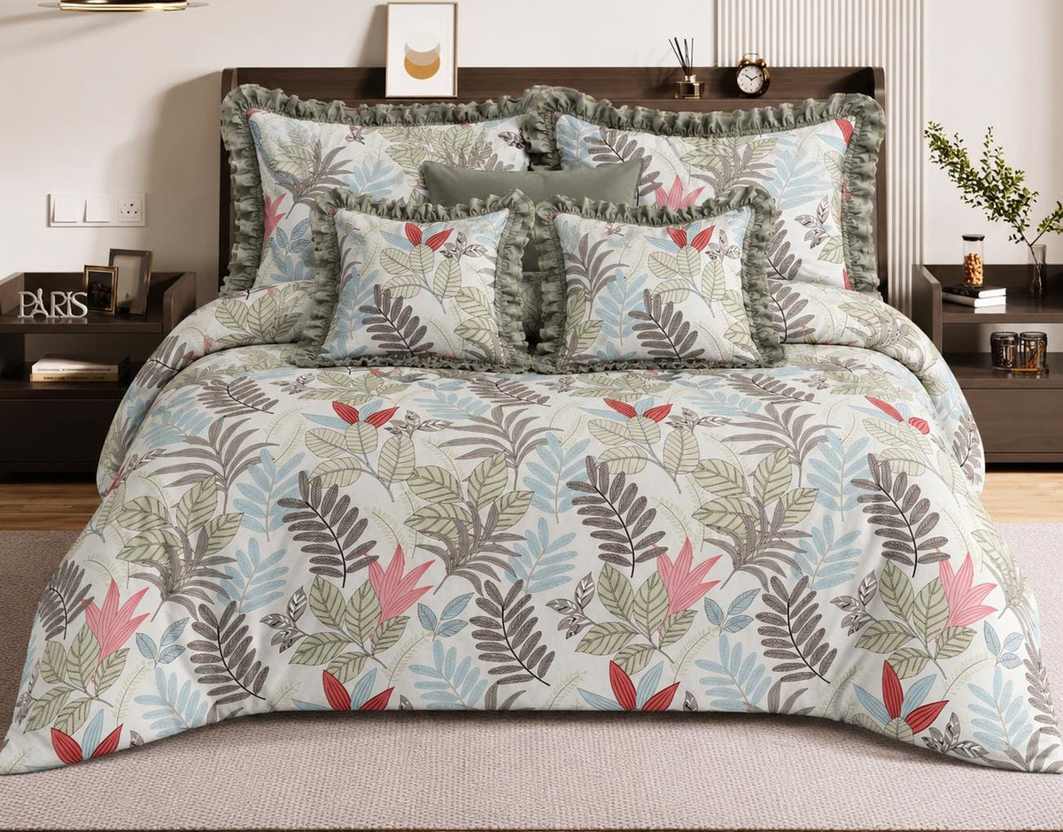 Leaf print- Venice Frill King Size 5 Pc Bedding Set