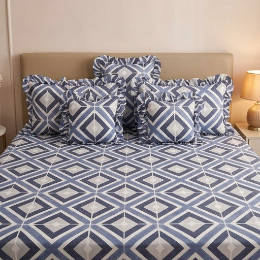 Triangle blue - Venice Frill King Size 5 Pc Bedding Set