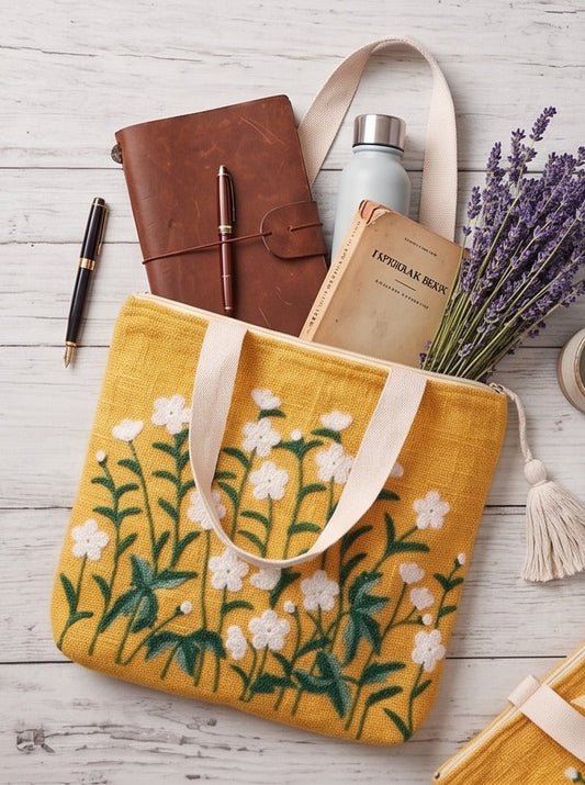 Mustard Wildflower Meadow Embroidered Tote Bag – Natural Cotton Canvas Tote with Tassel