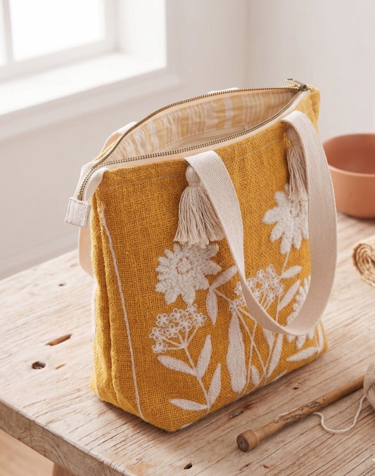 Mustard Ivory Dahlia Embroidered Tote Bag – Natural Cotton Canvas Tote with Tassel