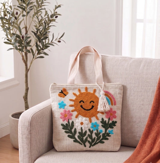 Sunshine Smile Garden Embroidered Tote Bag – Natural Cotton Canvas Tote with Tassel