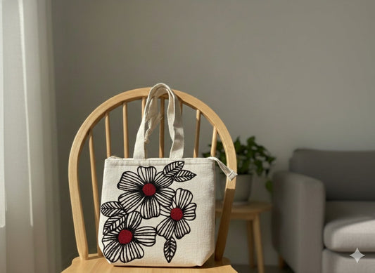 Line Art Floral Embroidered Tote Bag – Natural Cotton Canvas Tote