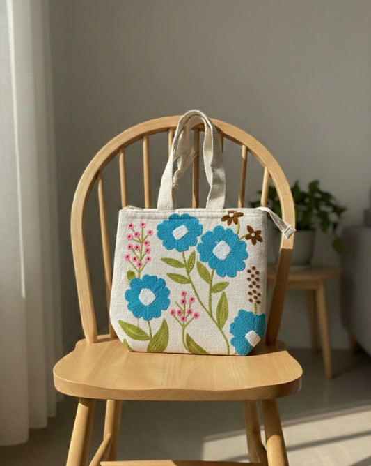 Blue Blossom & Berry Embroidered Tote Bag – Natural Cotton Canvas Tote