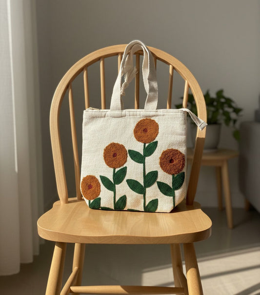 Sunflower Marigold Cluster Embroidered Tote Bag – Natural Cotton Canvas Tote