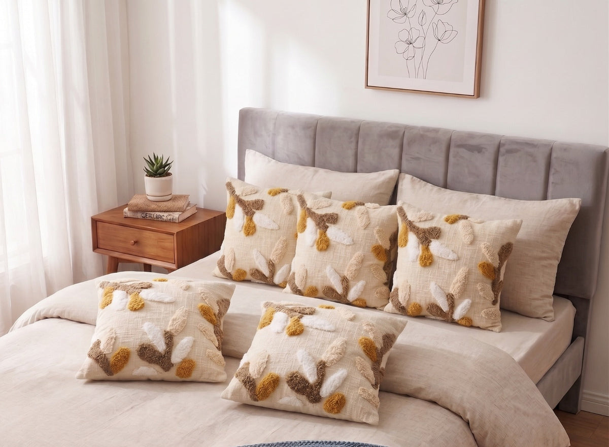 Cream & brown- Premium Heavy Bohemian Tufted Pure Cotton Cushion Covers