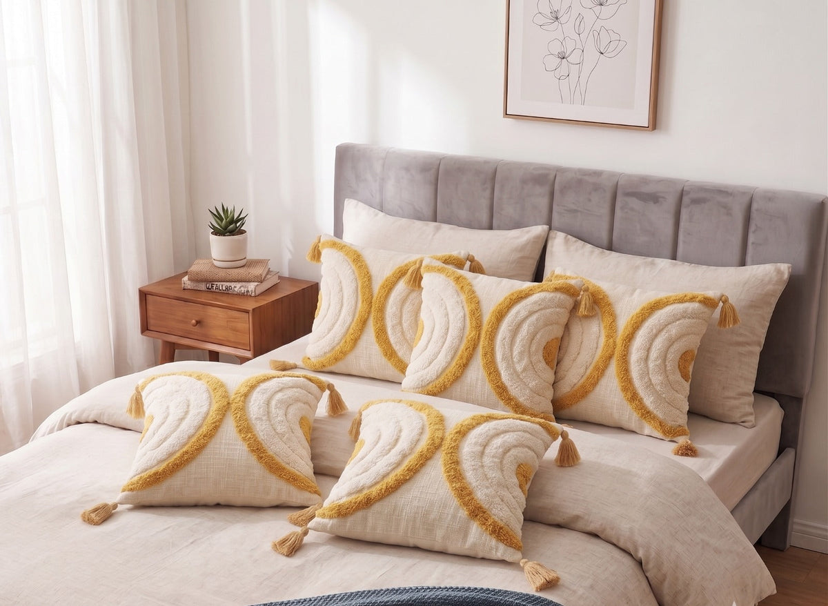 Yellow & Cream- Premium Heavy Bohemian Tufted Pure Cotton Cushion Covers