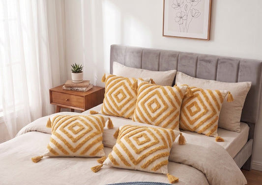 Bohemian Tufted Cushion Covers – Mustard Ivory Diamond Geometric Design with Tassels | Set of 5 Pure Cotton 16x16" Boho Pillow Covers