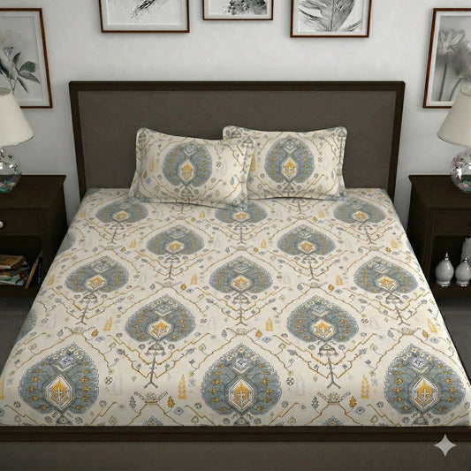 Dream & Bliss Fitted Bedsheet – Grey Gold Persian Medallion Print | King Size Elastic Fitted Sheet Set