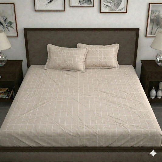 Dream & Bliss Fitted Bedsheet – Beige Windowpane Check Print | King Size Elastic Fitted Sheet Set