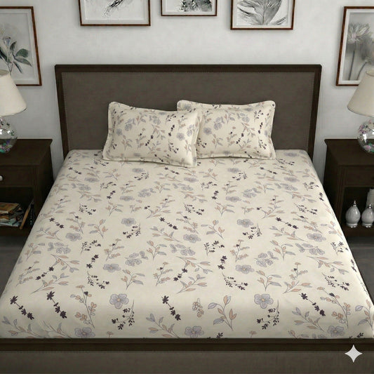 Dream & Bliss Fitted Bedsheet – Ivory Grey Botanical Sprig Print | King Size Elastic Fitted Sheet Set
