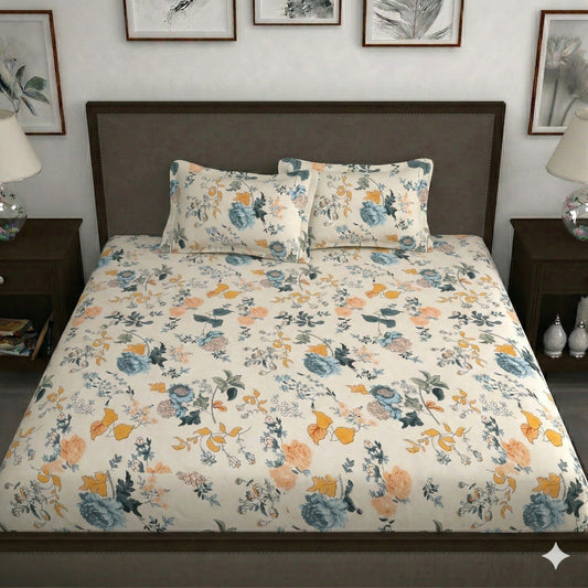 Dream & Bliss Fitted Bedsheet – Cream Blue Peach Wildflower Print | King Size Elastic Fitted Sheet Set