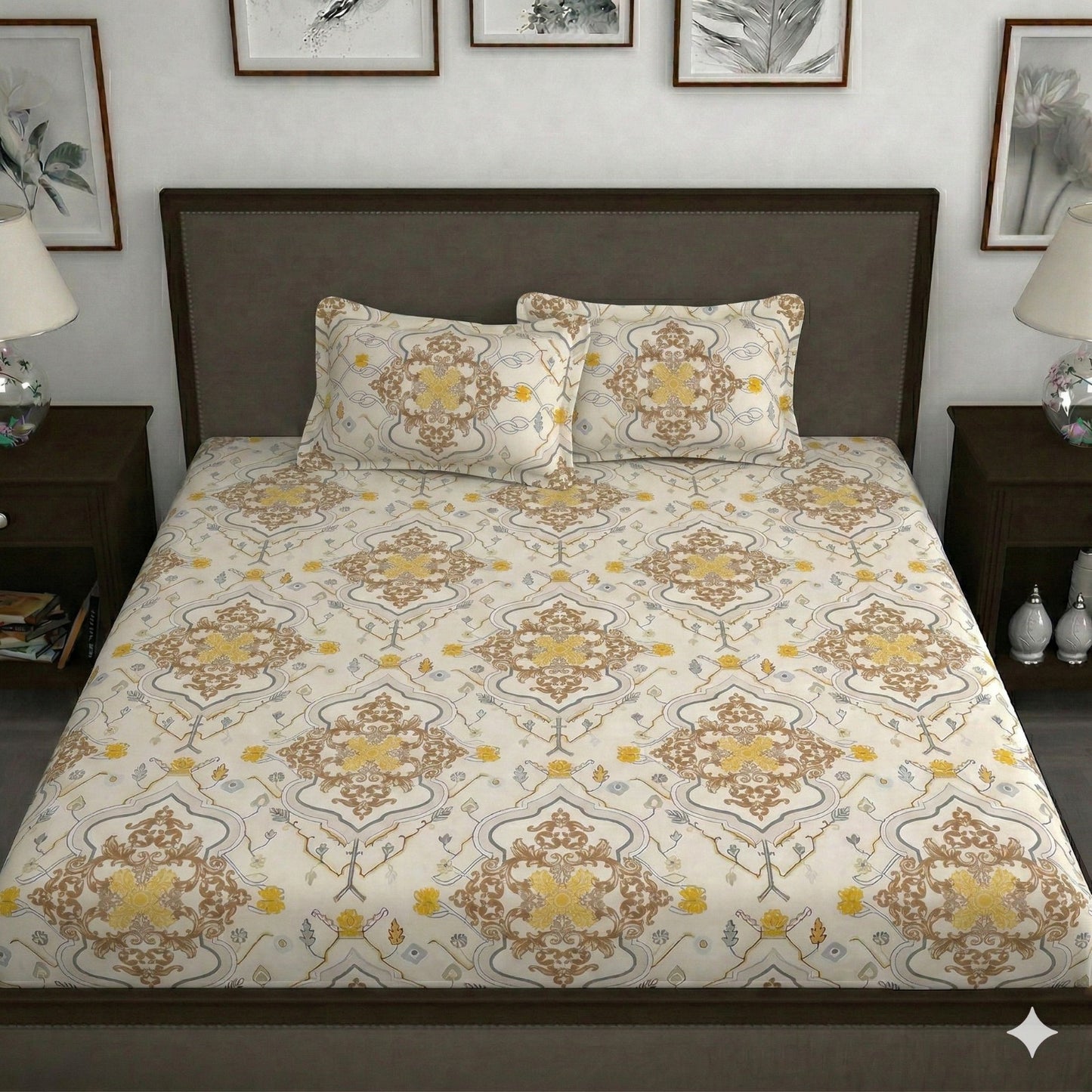 Dream & Bliss Fitted Bedsheet – Ivory Yellow Ornate Medallion Print | King Size Elastic Fitted Sheet Set
