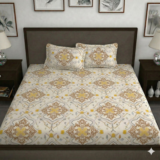 Dream & Bliss Fitted Bedsheet – Ivory Yellow Ornate Medallion Print | King Size Elastic Fitted Sheet Set