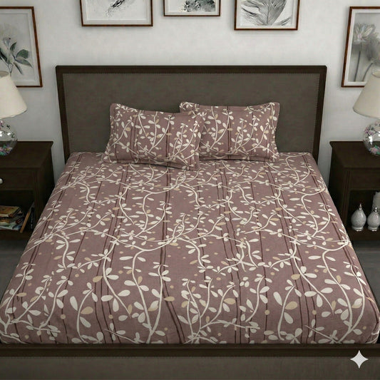 Dream & Bliss Fitted Bedsheet – Mauve Vine Stripe Print | King Size Elastic Fitted Sheet Set
