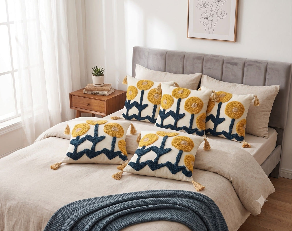 Yellow- Premium Heavy Bohemian Tufted Pure Cotton Cushion Covers