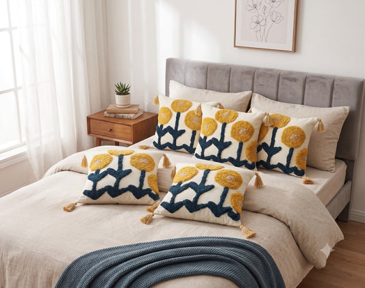 Bohemian Tufted Cushion Covers – Ivory Mustard Sunflower Design with Tassels | Set of 5 Pure Cotton 16x16" Boho Pillow Covers