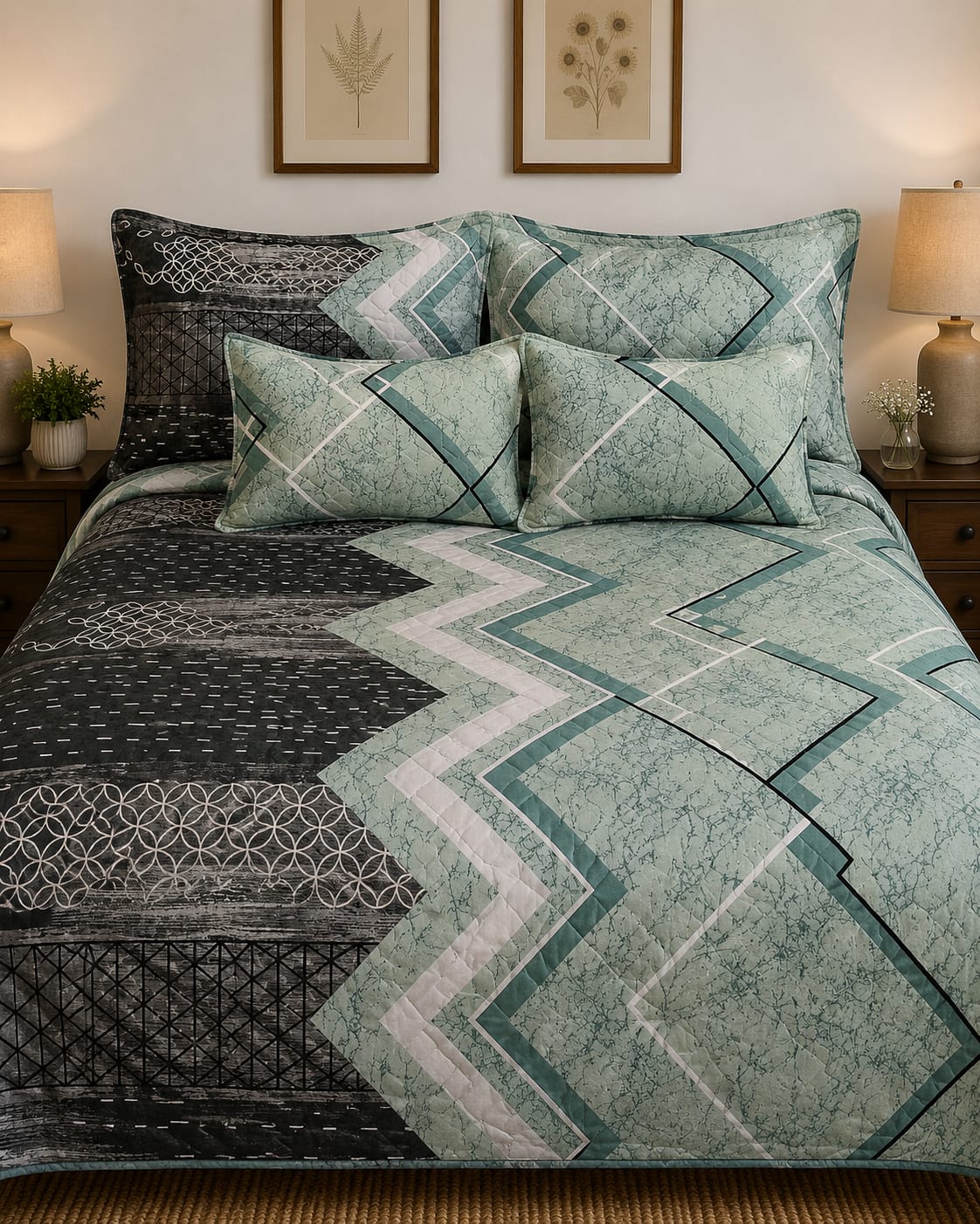 charcoal-sage-marble-chevron-quilted-bedsheet-set