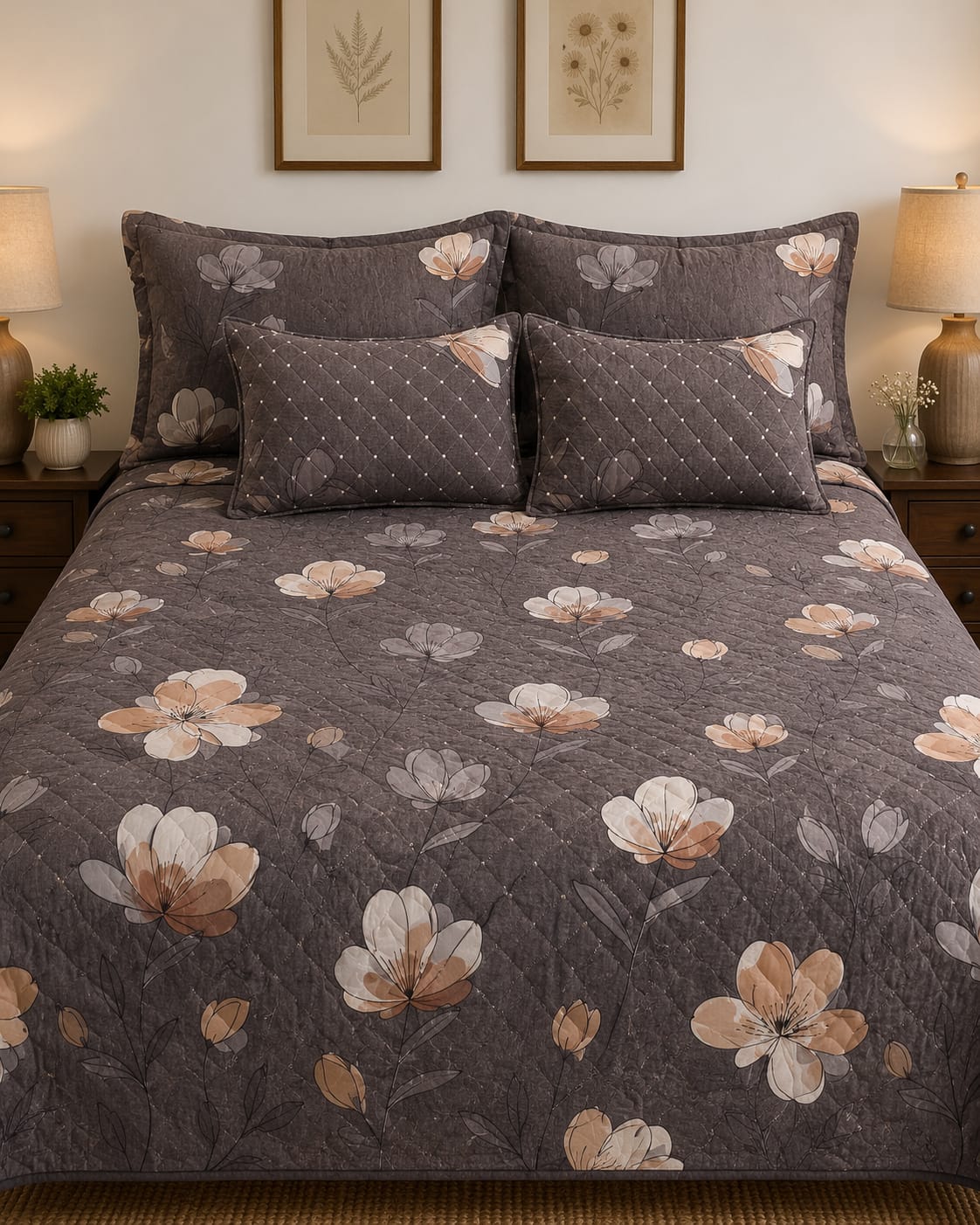 charcoal-watercolor-floral-quilted-bedsheet-set