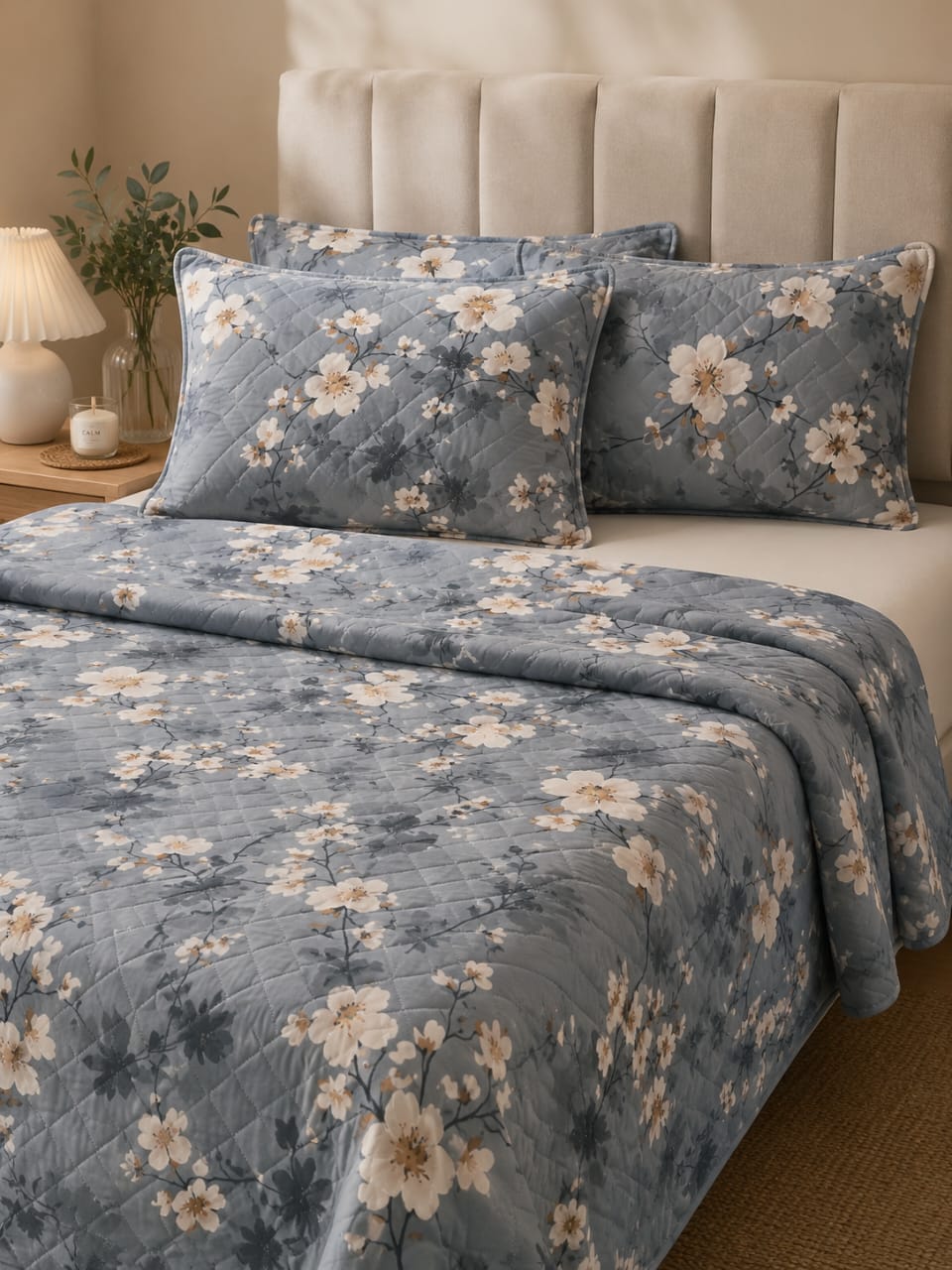 dusty-blue-cherry-blossom-quilted-bedsheet-set