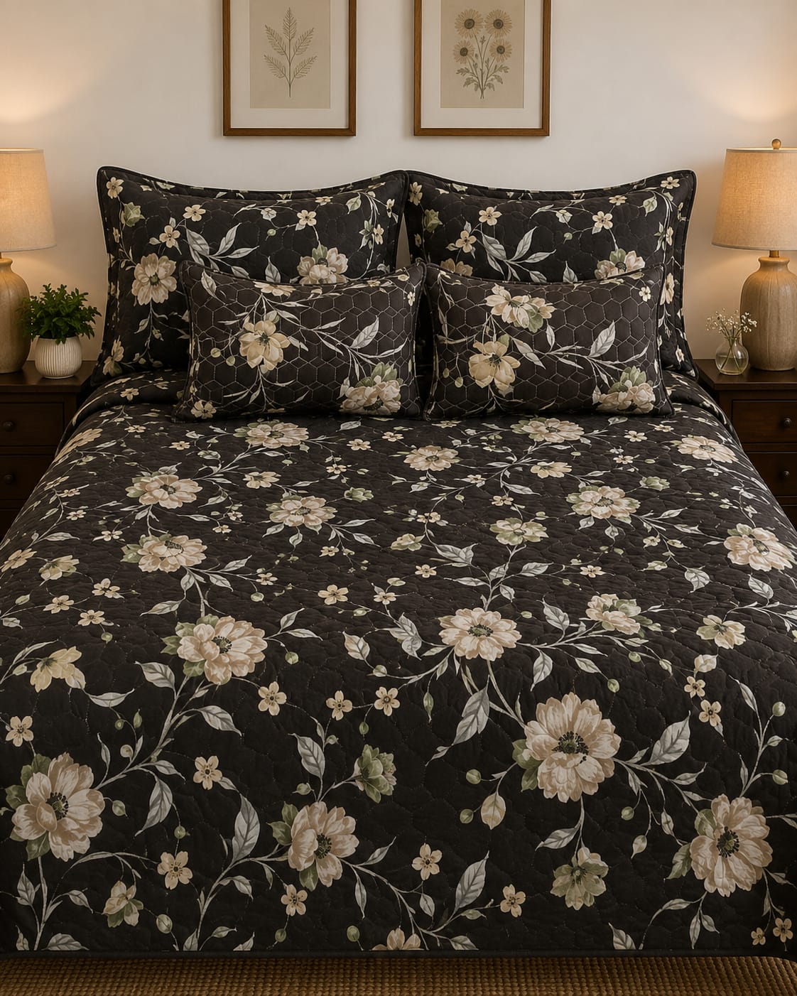 midnight-black-floral-garden-quilted-bedsheet-set
