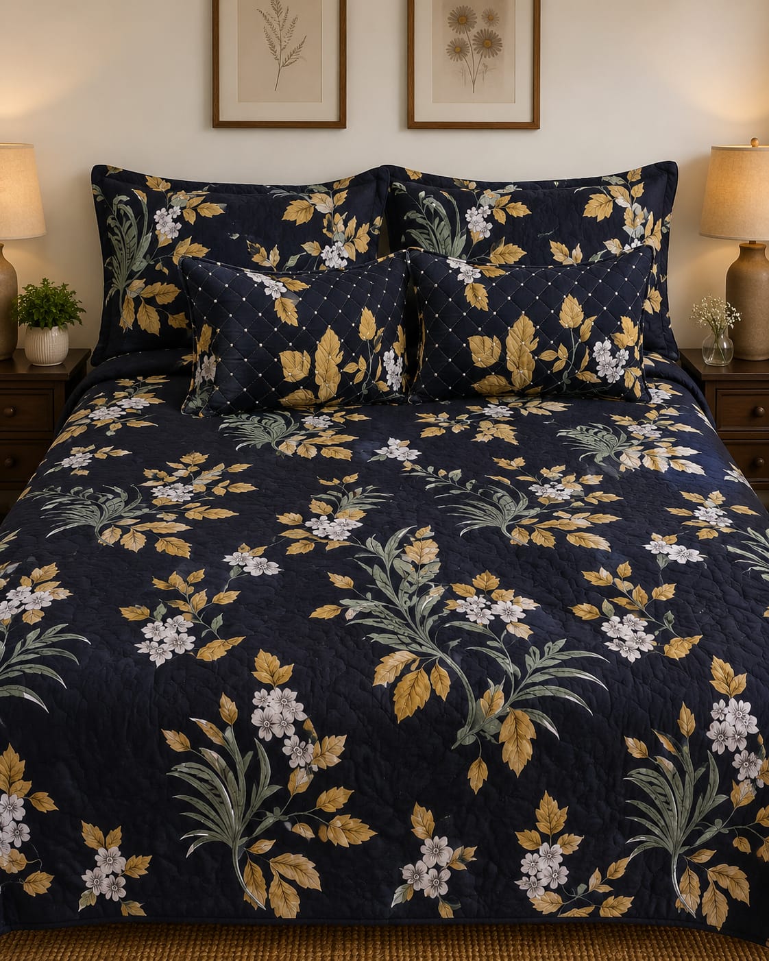 navy-gold-botanical-leaf-floral-quilted-bedsheet-set