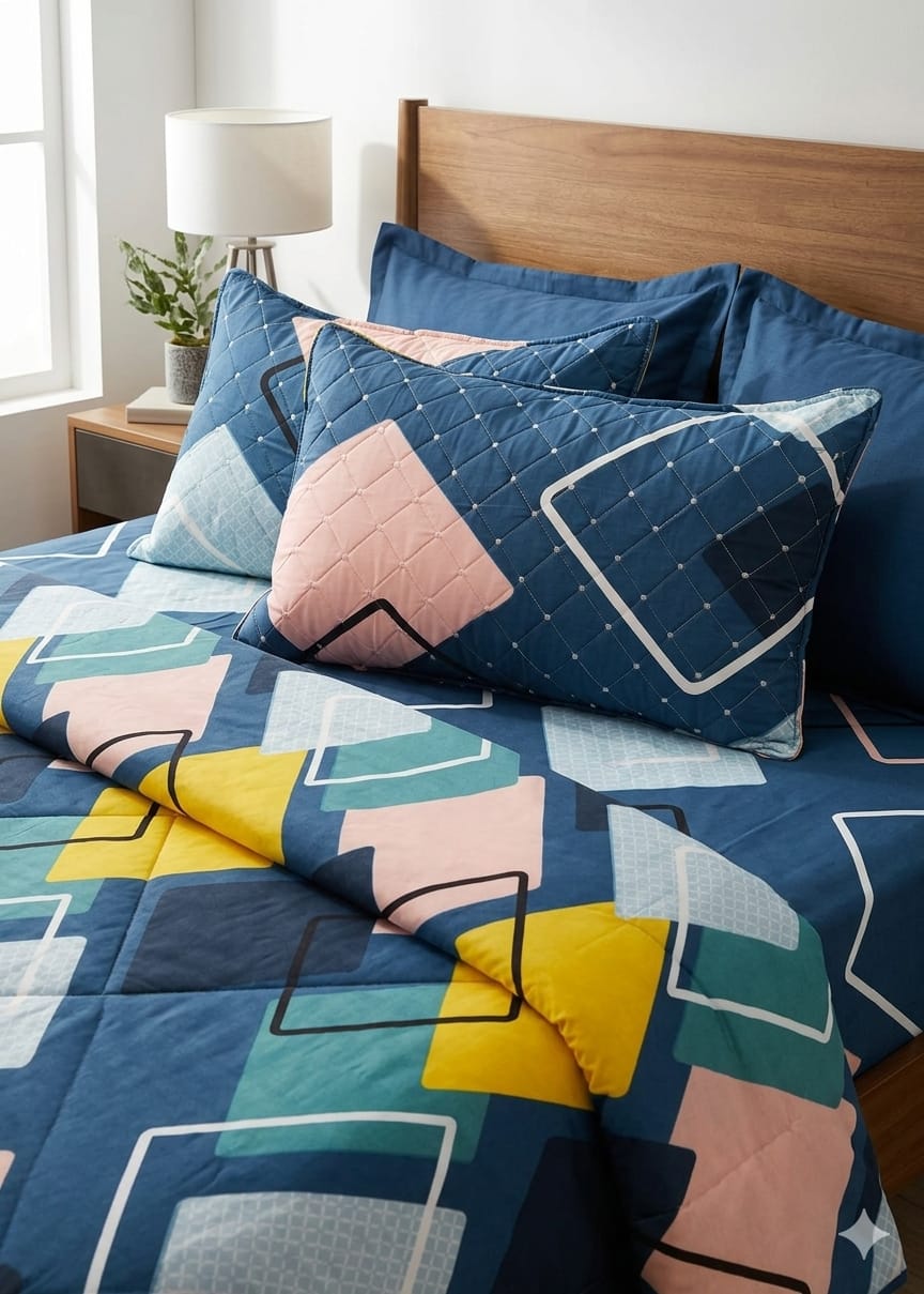 navy-retro-geometric-color-block-quilted-bedsheet-set
